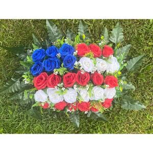 Patriotic Red White Blue Rose Flag Memorial Floral Arrangement Grave Decor